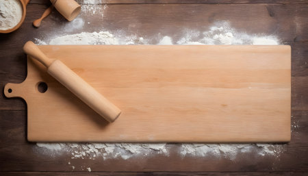 Baking background. Rolling pin for dough on the cutting board. On a rustic backgroundの素材