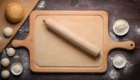 Baking background. Rolling pin for dough on the cutting board. On a rustic backgroundの素材