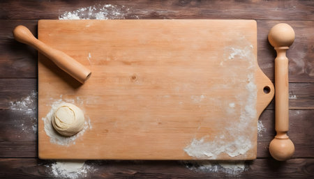 Baking background. Rolling pin for dough on the cutting board. On a rustic backgroundの素材