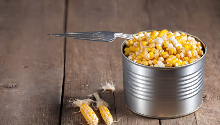 Canned corn in a tin can with fork. On a wooden backgroundの素材
