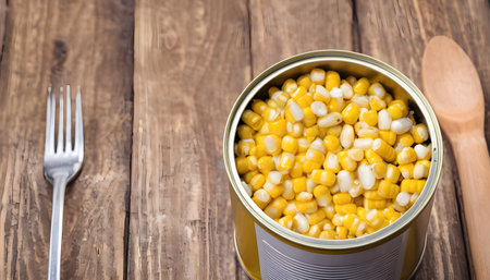 Canned corn in a tin can with fork. On a wooden backgroundの素材