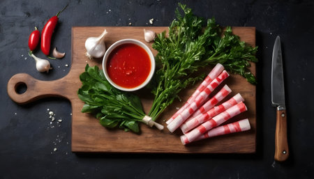 Crab sticks on a cutting Board with greens, sauce and garlic. On dark rustic backgroundの素材