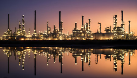 Oil refinery industry reflection on waterの素材