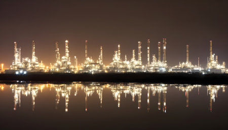 Oil refinery industry reflection on waterの素材