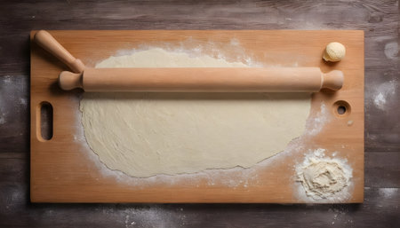 Baking background. Rolling pin for dough on the cutting board. On a rustic backgroundの素材