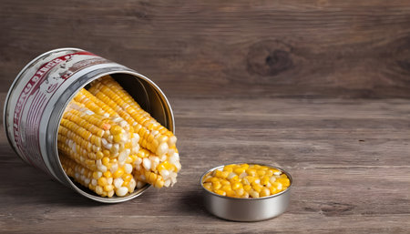 Canned corn in a tin can with fork. On a wooden backgroundの素材