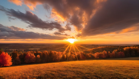 Colorful autumn sunset with sun rays coloring the cloudsの素材