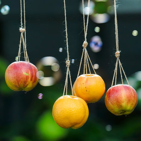 a group of fruit hanging from strings in the air with bubbles hanging from themの素材