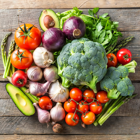 Healthy food background. Clean eating, vegan, vegetarian food concept. Different organic vegetables on wooden backgroundの素材