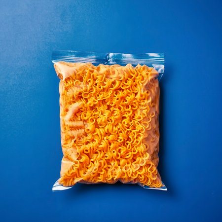 Opened Package with Uncooked Instant Noodles on Blue Background. Raw Pasta. Dry Asian Fast Food. Quick Lunchの素材