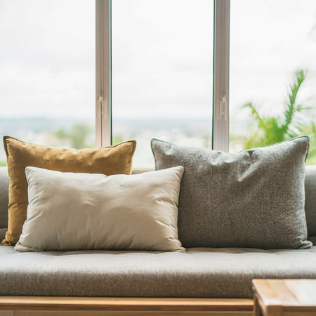 Pillow on sofa bed with outdoor viewの素材