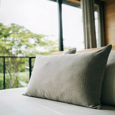 Pillow on sofa bed with outdoor viewの素材