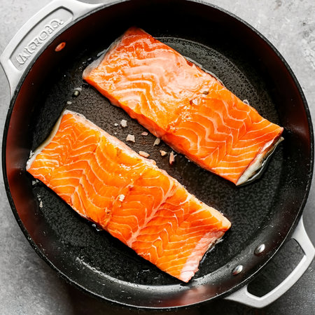 Overhead view of two raw salmon fillets in a pan waiting to be pan seared or fried for a delicious seafood mealの素材