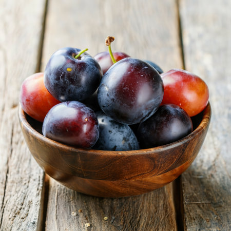 Plums. Fresh juicy plums in a bowl on a wooden or concrete board.の素材