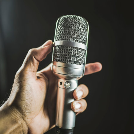 Microphone on hand isolatedの素材