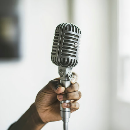 Microphone on hand isolatedの素材