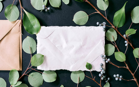 Mockup for a letter or wedding invitation with branches and leaves. Natural light and shade coverageの素材