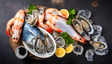 Fresh fish with caviar, shrimp and oysters. On rustic backgroundの素材