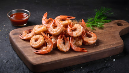Fried shrimps on a cutting Board with sauce. On dark rustic backgroundの素材
