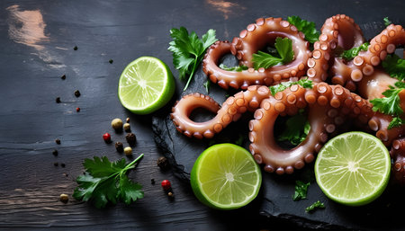 Octopus with sauce, herbs and lime slices. On black rustic backgroundの素材