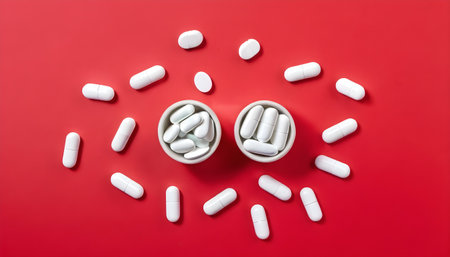 Pile of medical pills and spoon filled with tablets on red background. Top view. Pharmacy conceptの素材