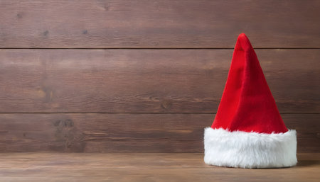 Santa Clause Red Hat With Copy Space on Green and Wood Backgroundの素材