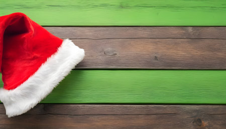Santa Clause Red Hat With Copy Space on Green and Wood Backgroundの素材