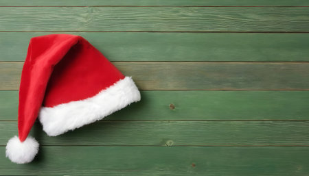 Santa Clause Red Hat With Copy Space on Green and Wood Backgroundの素材