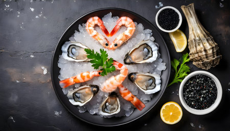 Fresh fish with caviar, shrimp and oysters. On rustic backgroundの素材