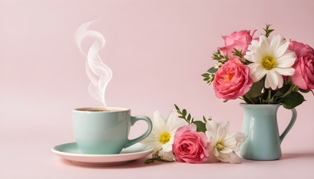 Floral perfume bottle with flowers and coffee mugの素材