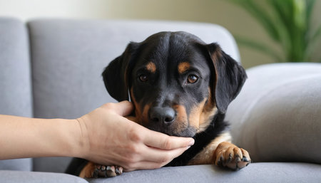 Close up dog sitting on hand at homeの素材