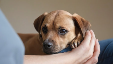 Close up dog sitting on hand at homeの素材
