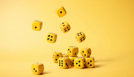 Falling yellow dices on yellow backgroundの素材