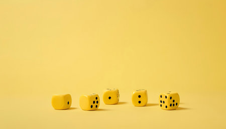 Falling yellow dices on yellow backgroundの素材