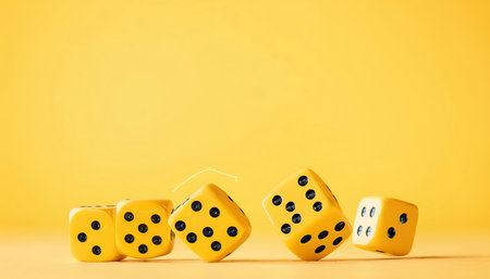 Falling yellow dices on yellow backgroundの素材