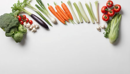 Flat lay vegetables arrangement with white spaceの素材