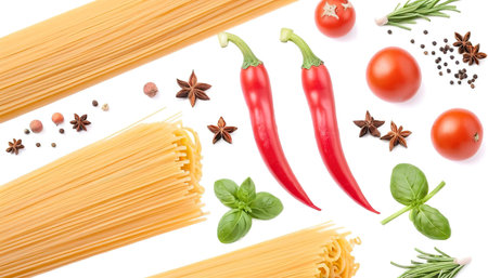 Pasta spaghetti, vegetables, spices isolated on whiteの素材