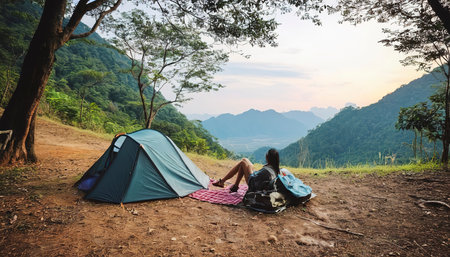 Women travel relax in the holiday. camping on the Mountainの素材