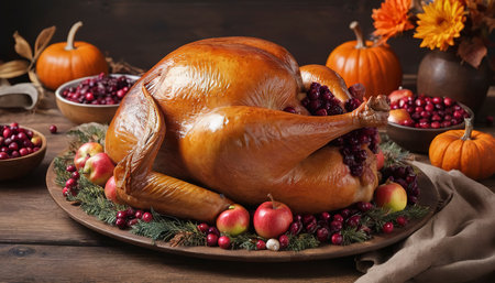 Roasted turkey garnished with cranberries on a rustic style table decorated with pumpkins, apples and autumn leafの素材