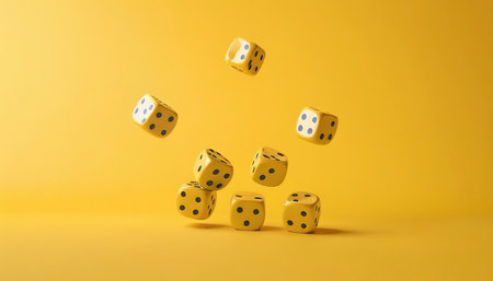 Falling yellow dices on yellow backgroundの素材