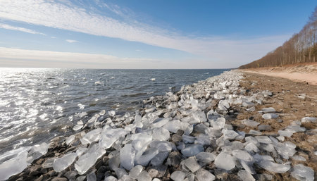 The stone coast of the Baltic Sea in spring with the remains of ice in sunlightの素材