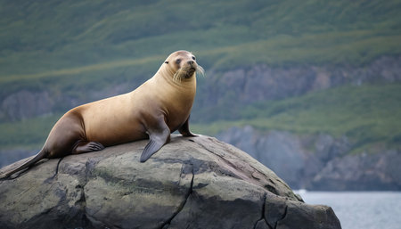Steller sea lion sitting on a rock island in the Pacific Ocean on kamchatka peninsulaの素材