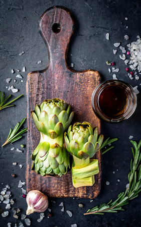 Artichokes hearts marinated with olive oil and herbs, pickled artichoke with garlic on wooden boardの素材