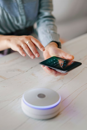 Close up woman using virtual assistantの素材