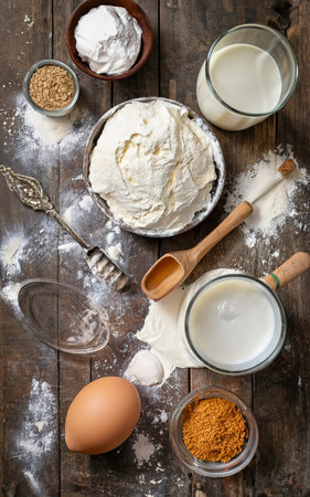 Baking background. Milk, flour and other ingredients for the dough. On a rustic backgroundの素材