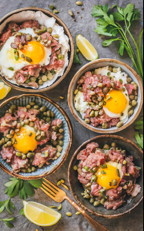 Beef tartare with egg, capers and onions. Top viewの素材