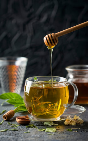 Green herbal Greek mountain tea in glass cup served with honey and lukum over dark texture backgroundの素材