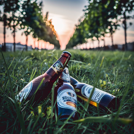 beer bottles lying on grassの素材