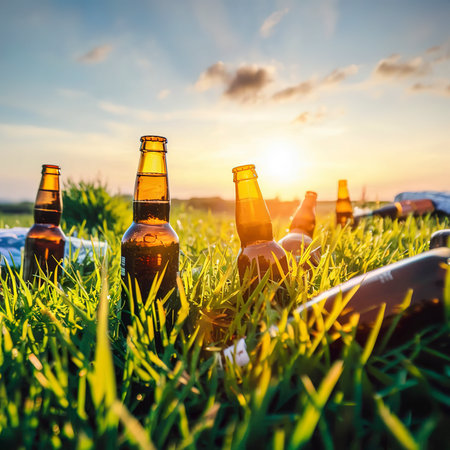 beer bottles lying on grassの素材