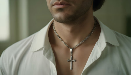 a religious male holding a necklace with a cross pendantの素材